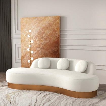 HMR - Modern White & Gold Velvet Curved Sofa for 3 Seaters with Pillows & Stainless Steel Base