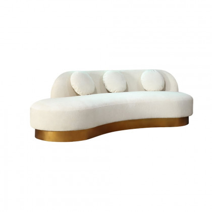 HMR - Modern White & Gold Velvet Curved Sofa for 3 Seaters with Pillows & Stainless Steel Base