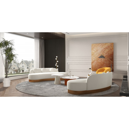 HMR - Modern White & Gold Velvet Curved Sofa for 3 Seaters with Pillows & Stainless Steel Base
