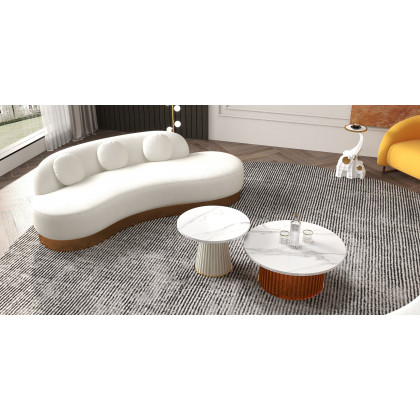 HMR - Modern White & Gold Velvet Curved Sofa for 3 Seaters with Pillows & Stainless Steel Base