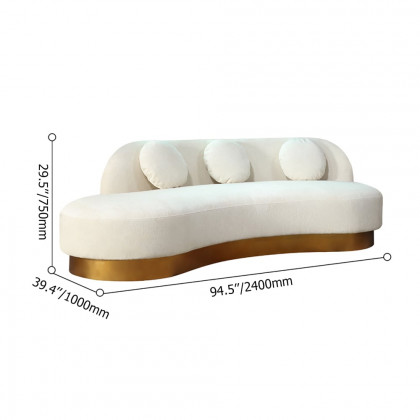 HMR - Modern White & Gold Velvet Curved Sofa for 3 Seaters with Pillows & Stainless Steel Base