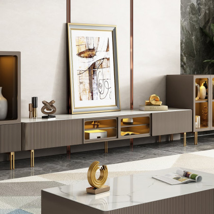 HMR - Rectangular Stone Top TV Stand Console with Storage Glass Sliding Doors
