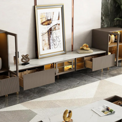 HMR - Rectangular Stone Top TV Stand Console with Storage Glass Sliding Doors