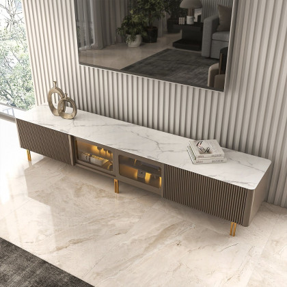 HMR - Rectangular Stone Top TV Stand Console with Storage Glass Sliding Doors