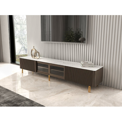 HMR - Rectangular Stone Top TV Stand Console with Storage Glass Sliding Doors