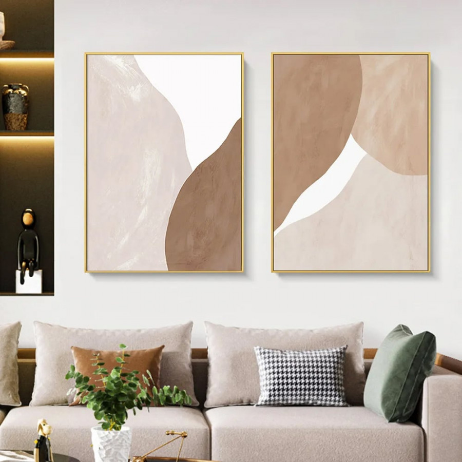 HMR - Japandi Abstract Wall Decor for Living Room Canvas Art Painting with Gold Frame (Set of 2)