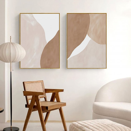 HMR - Japandi Abstract Wall Decor for Living Room Canvas Art Painting with Gold Frame (Set of 2)
