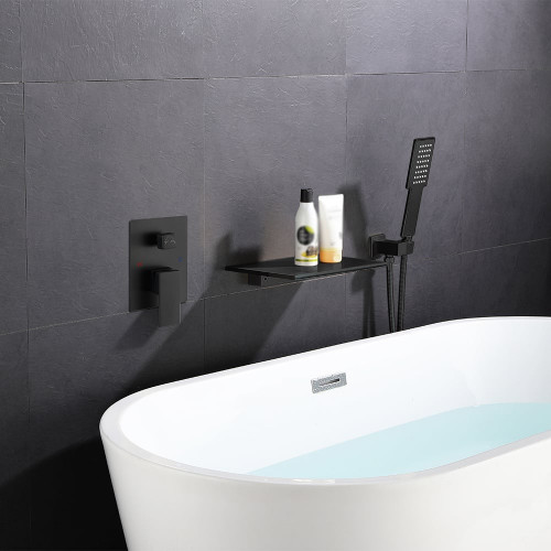 HMR Solid Brass Waterfall Wall-Mounted Bathtub Faucet Tub Filler Single Handle - Black