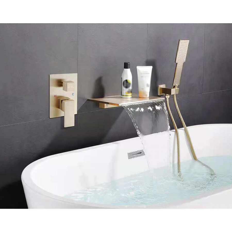 HMR Solid Brass Waterfall Wall-Mounted Bathtub Faucet Tub Filler Single Handle - Brushed Gold