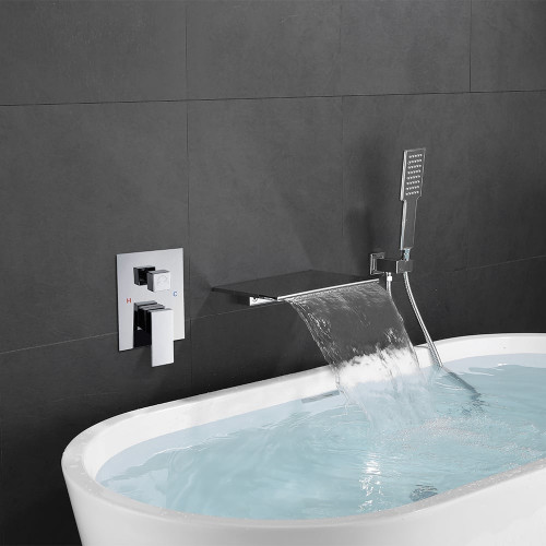 HMR Solid Brass Waterfall Wall-Mounted Bathtub Faucet Tub Filler Single Handle - Chrome