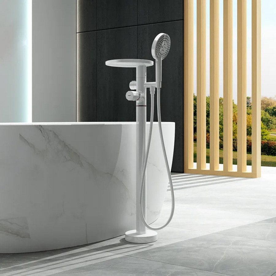 HMR - Floor Mounted Tub Faucet with Handshower & Stone Top in White & Rose Gold