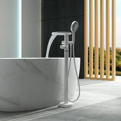 HMR - Floor Mounted Tub Faucet with Handshower & Stone Top in White & Rose Gold