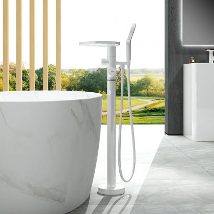HMR - Floor Mounted Tub Faucet with Handshower & Stone Top in White & Rose Gold