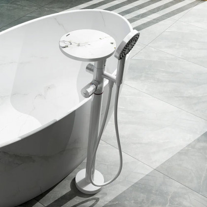 HMR - Floor Mounted Tub Faucet with Handshower & Stone Top in White & Rose Gold