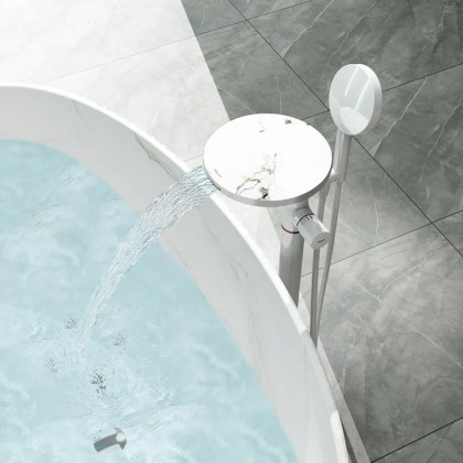 HMR - Floor Mounted Tub Faucet with Handshower & Stone Top in White & Rose Gold