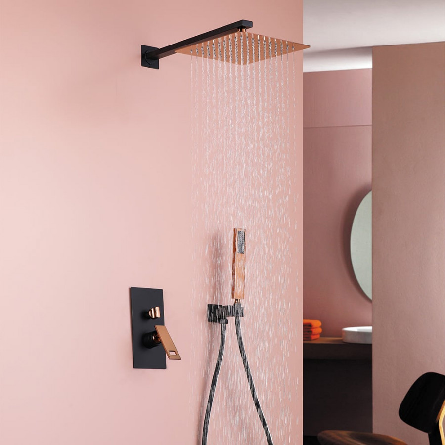 HMR - Wall-Mount Shower System 10" Rainfall Shower Head with Hand Shower Black & Rose Gold