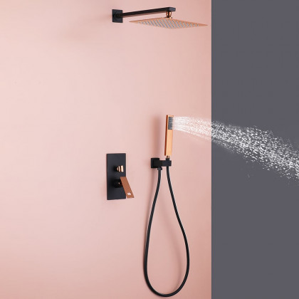 HMR - Wall-Mount Shower System 10" Rainfall Shower Head with Hand Shower Black & Rose Gold