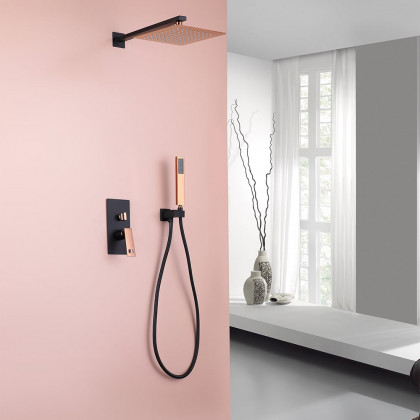 HMR - Wall-Mount Shower System 10" Rainfall Shower Head with Hand Shower Black & Rose Gold