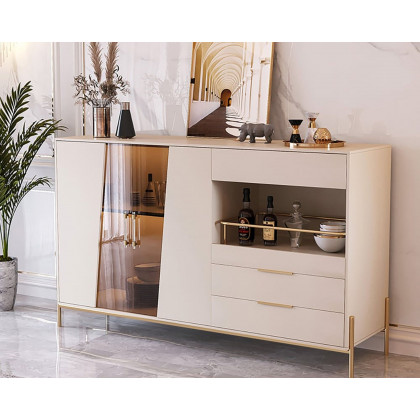 HMR - Dolawn Series 55.1" Modern Wood Sideboard Buffet Tempered Glass Doors with Shelf Tray Wine Rack