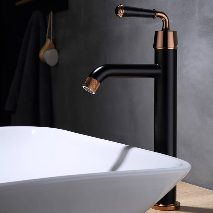 HMR - Black & Rose Gold Classic Single Handle Bathroom Single Hole Faucet Vessel Faucet
