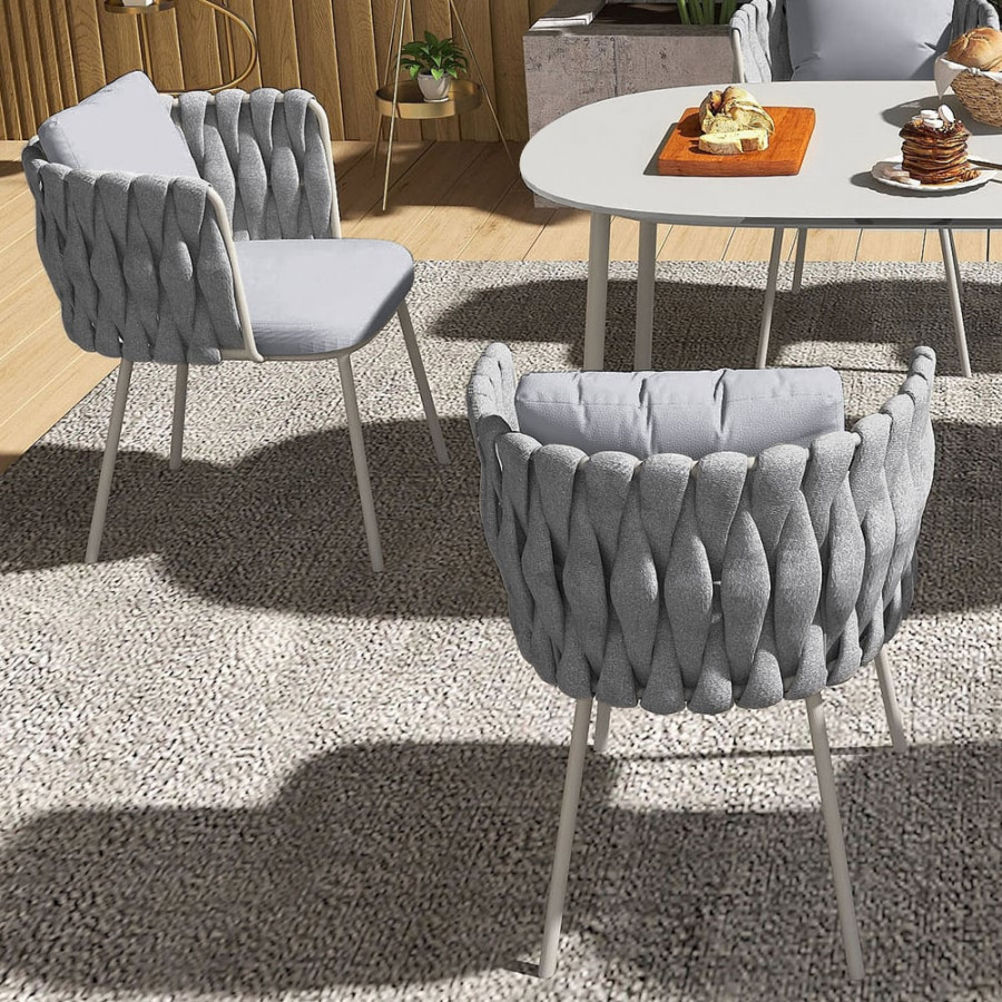 HMR - 2-Pieces Mid Century Modern Aluminum & Ropes Outdoor Patio Dining Chair Armchair Gray
