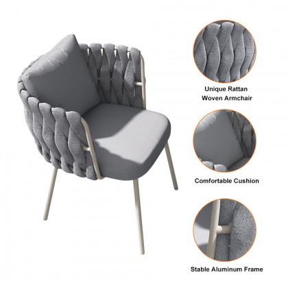 HMR - 2-Pieces Mid Century Modern Aluminum & Ropes Outdoor Patio Dining Chair Armchair Gray