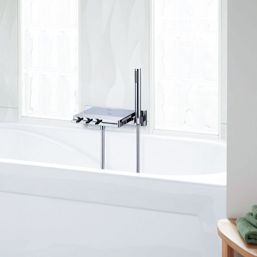 HMR - Wall Mounted Waterfall Roman Bathtub Faucet with Handshower Solid Brass Chrome