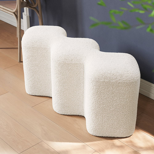 HMR Modern Entryway Bench Boucle Upholstered Molecule Ottoman Wooden Frame - White