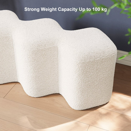 HMR Modern Entryway Bench Boucle Upholstered Molecule Ottoman Wooden Frame - White