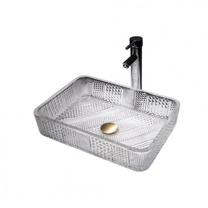 HMR - Modern Glass Rectangle Transparent Bathroom Vessel Sink Wash Sink with Drain