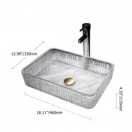 HMR - Modern Glass Rectangle Transparent Bathroom Vessel Sink Wash Sink with Drain