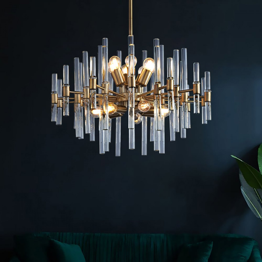 HMR - Crylick Contemporary 14-Light Glass Living Room Chandelier in Brass