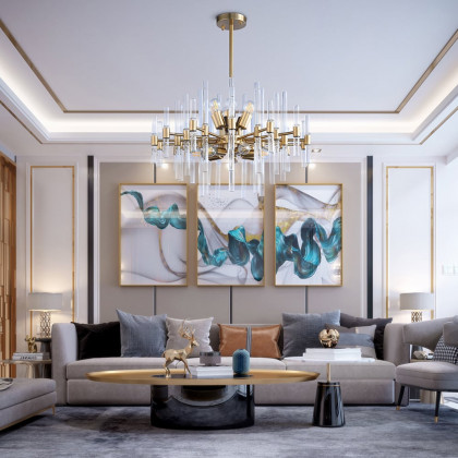 HMR - Crylick Contemporary 14-Light Glass Living Room Chandelier in Brass