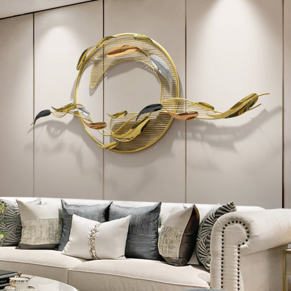 HMR - 58.3"W Modern Surge Fishes Metal Wall Decor with Unique Shape in Gold for Living Room