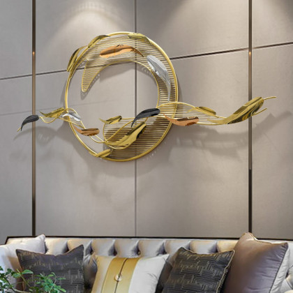 HMR - 58.3"W Modern Surge Fishes Metal Wall Decor with Unique Shape in Gold for Living Room
