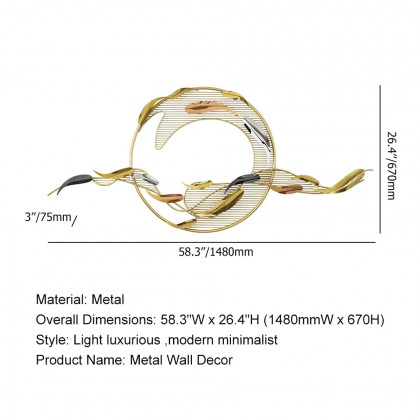 HMR - 58.3"W Modern Surge Fishes Metal Wall Decor with Unique Shape in Gold for Living Room