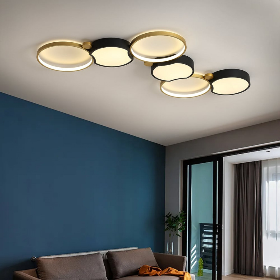 HMR - Multi-Circles 6-Light LED Flush Mount Ceiling Light in Black & Gold