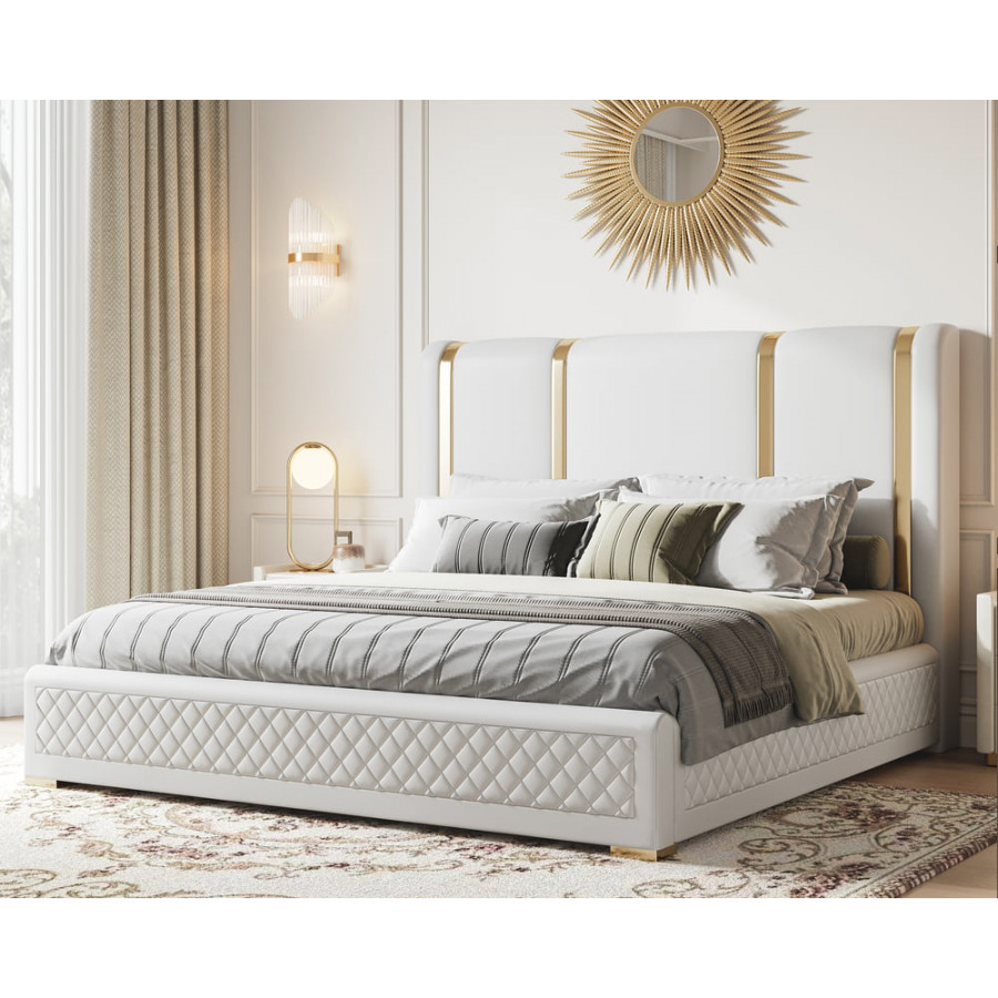 HMR - Modern Upholstered Bed Frame with Polished Gold and Faux Leather Headboard