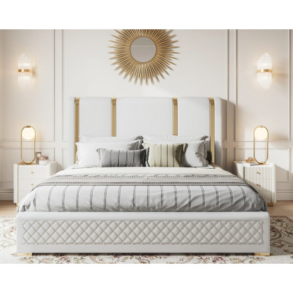 HMR - Modern Upholstered Bed Frame with Polished Gold and Faux Leather Headboard