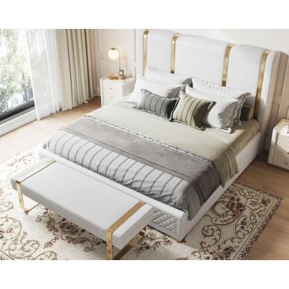 HMR - Modern Upholstered Bed Frame with Polished Gold and Faux Leather Headboard