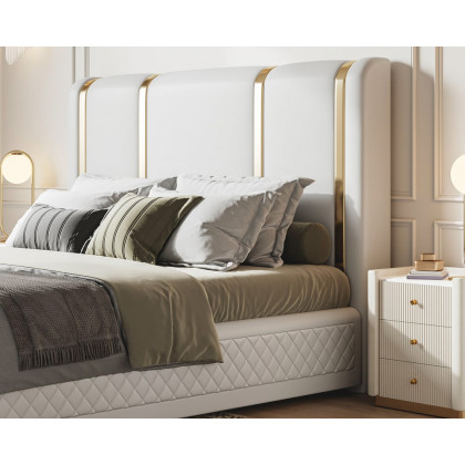 HMR - Modern Upholstered Bed Frame with Polished Gold and Faux Leather Headboard