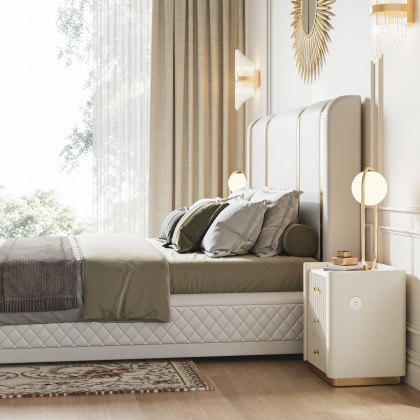 HMR - Modern Upholstered Bed Frame with Polished Gold and Faux Leather Headboard