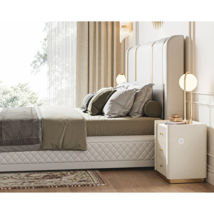 HMR - Modern Upholstered Bed Frame with Polished Gold and Faux Leather Headboard