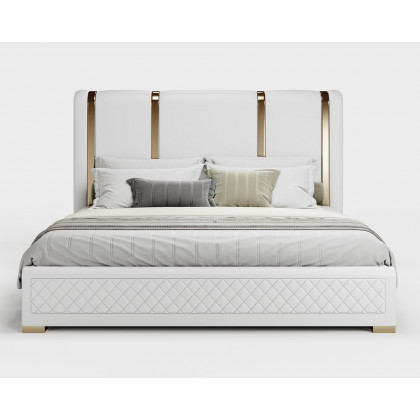 HMR - Modern Upholstered Bed Frame with Polished Gold and Faux Leather Headboard