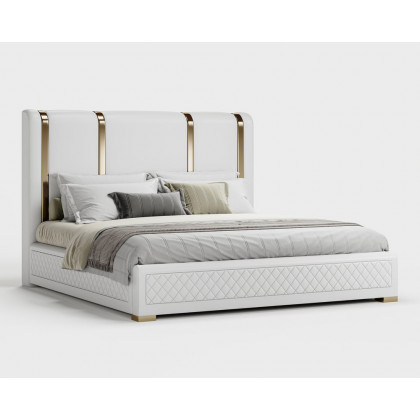 HMR - Modern Upholstered Bed Frame with Polished Gold and Faux Leather Headboard