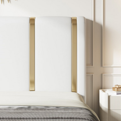 HMR - Modern Upholstered Bed Frame with Polished Gold and Faux Leather Headboard