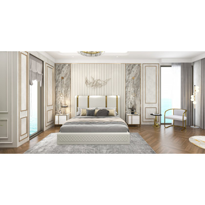 HMR - Modern Upholstered Bed Frame with Polished Gold and Faux Leather Headboard