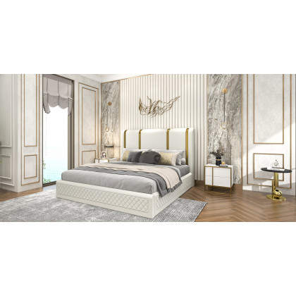 HMR - Modern Upholstered Bed Frame with Polished Gold and Faux Leather Headboard