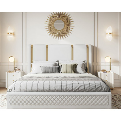 HMR Modern Upholstered Bed Frame with Polished Gold and Faux Leather Headboard - Off-White, Queen Size