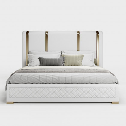 HMR Modern Upholstered Bed Frame with Polished Gold and Faux Leather Headboard - Off-White, Queen Size